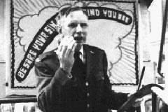 Jim Duffecy in the open air giving one of his famous boomerang messages